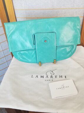 Lamarthe Paris Aqua Leather Handbag Bi-Purse Slim Clutch to Top Handle EUC